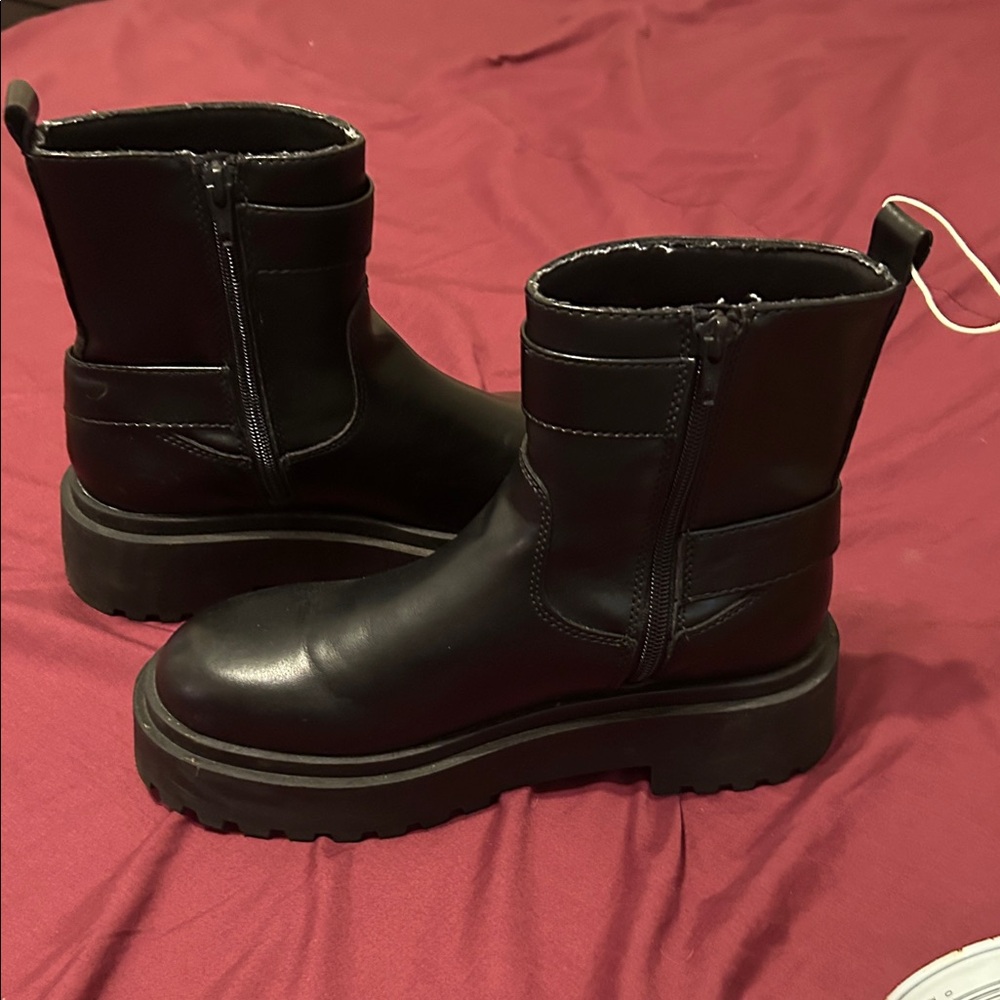 New Zara Black Combat Boots with Silver Buckles